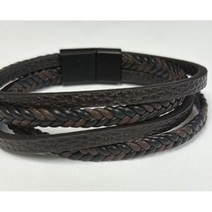 Men Jewelry Black Brown Braided Leather Bracelet Wrap Multi-Layer Magnetic Clasp